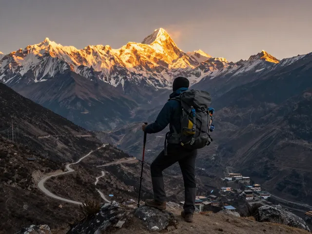 Traveler at sunset on the Manaslu Circuit, showcasing the stunning mountain views and rugged terrain.