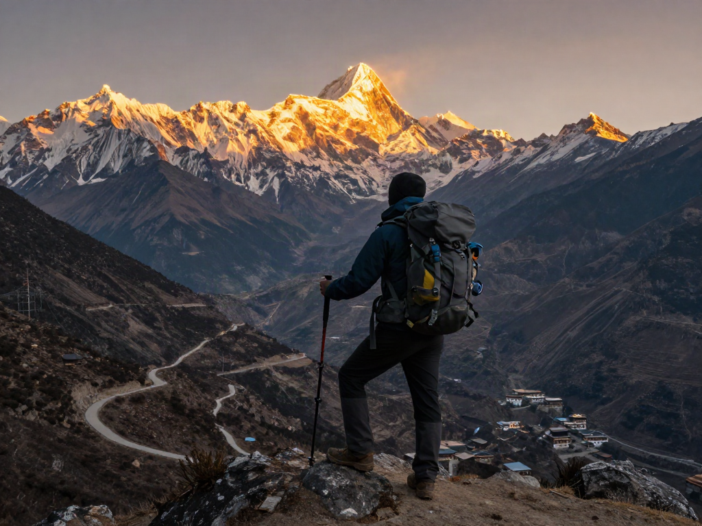 Traveler at sunset on the Manaslu Circuit, showcasing the stunning mountain views and rugged terrain.