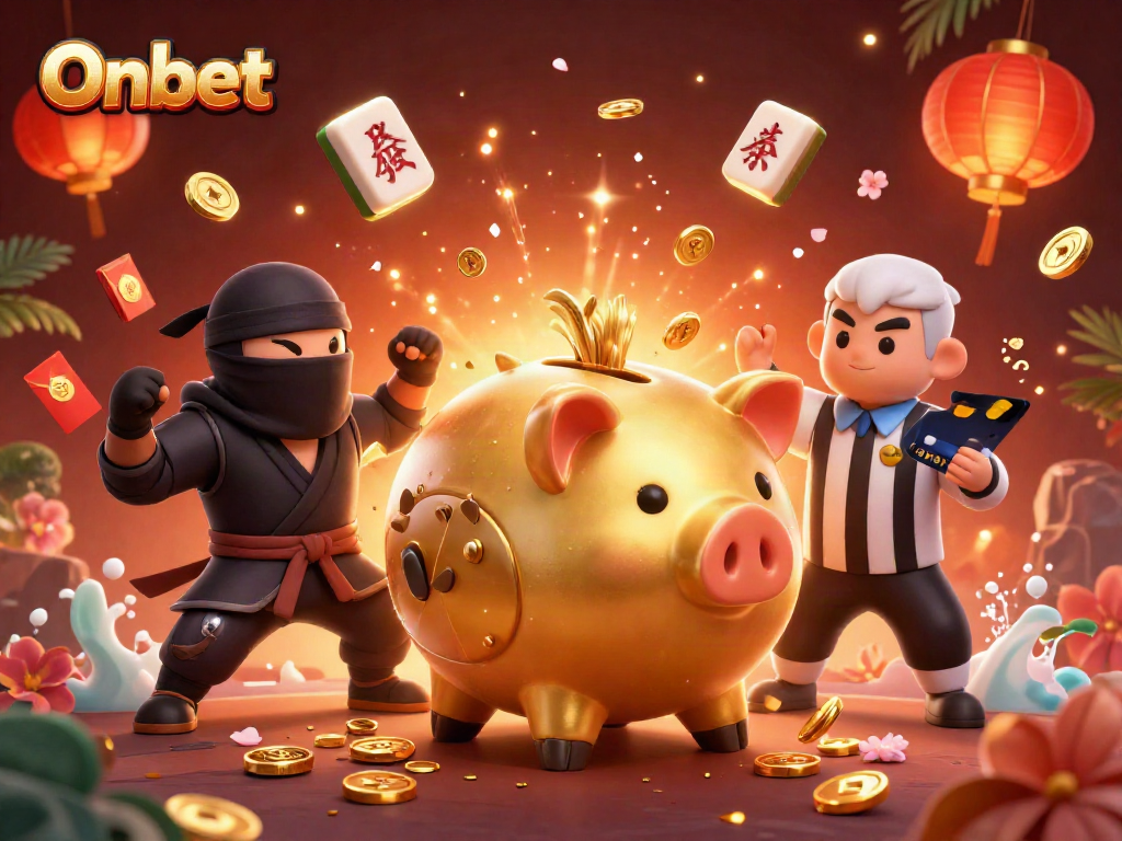 Experience the excitement of Onbet with a lively casino scene featuring dynamic characters and vibrant elements.