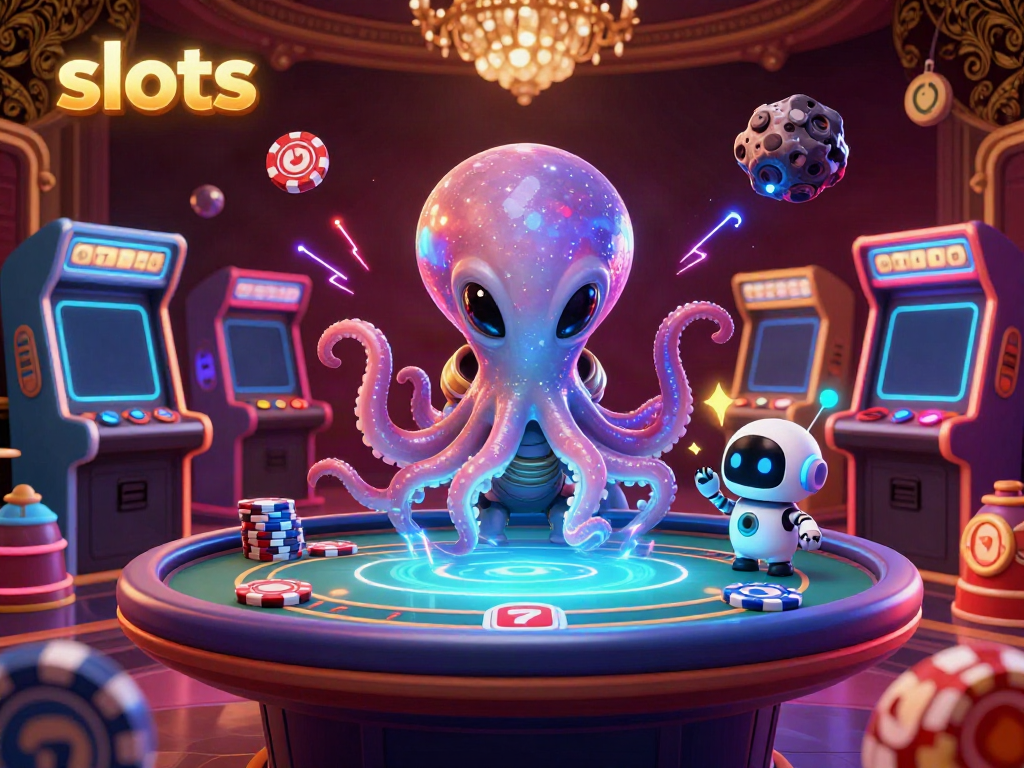 Spin vibrant slots with a 3D alien octopus operating a holographic poker table in a casino.