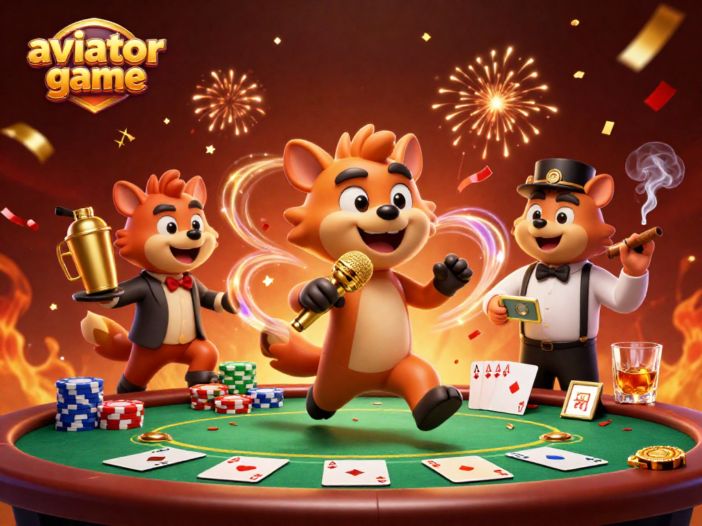 Experience the thrilling aviator game in a vibrant casino scene with animated hyenas entertaining patrons.
