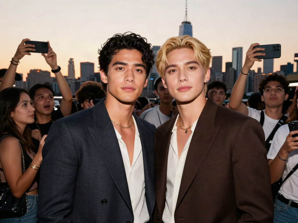 Celebrities that look alike posing together against a city backdrop, capturing the excitement of doppelgangers.