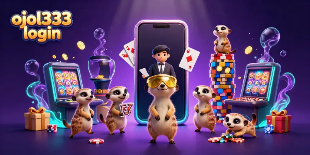 Experience exciting gameplay and seamless ojol333 login at this vibrant meerkat casino illustration.