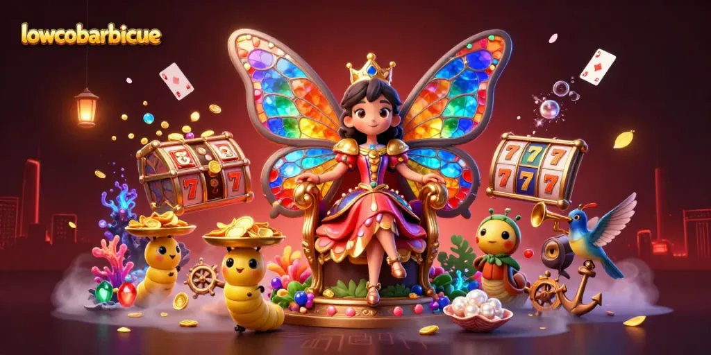 Engage with lowcobarbecue's captivating casino scene showcasing a butterfly queen among vibrant gambling elements.