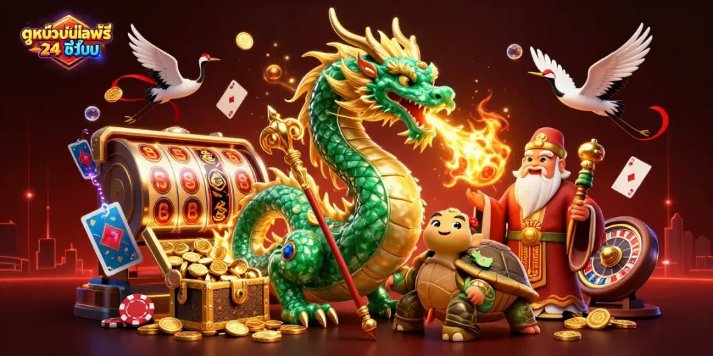 Experience ดูหนังออนไลน์ฟรี 24 ชั่วโมง with dynamic slot machines and vibrant casino characters.