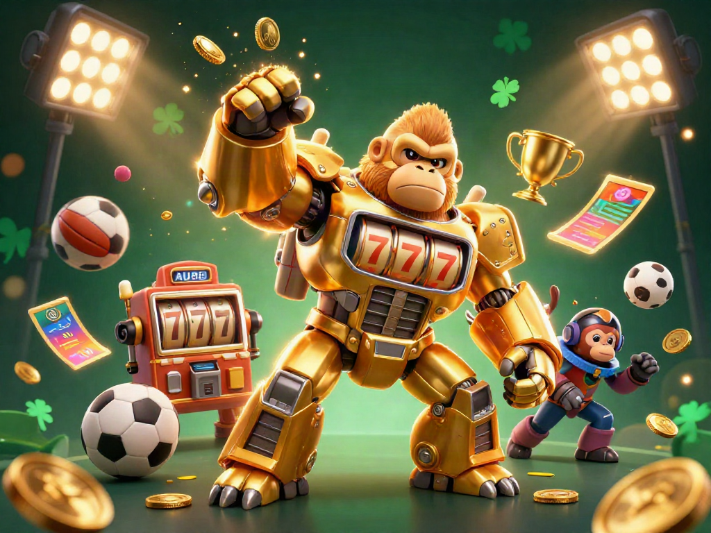Experience thrilling gaming action with AU88, showcasing a dynamic scene of a golden gorilla mech amidst sports elements and coins.