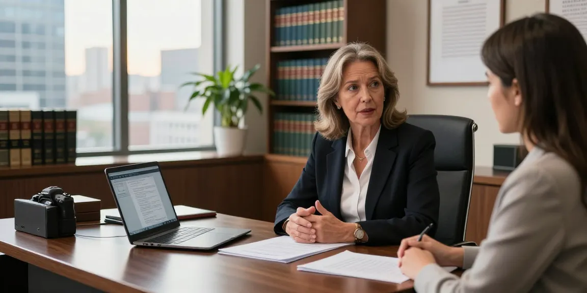 Karen McCleave lawyer consulting with a client in a modern law office, showcasing professionalism and warmth.