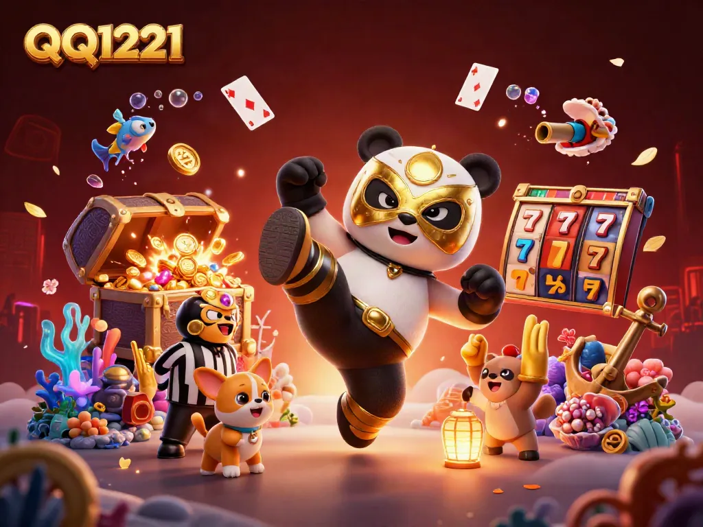 Experience excitement with QQ1221 as the panda wrestler kicks high with thrilling casino elements.