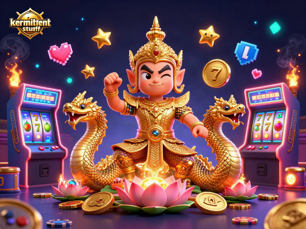 Engage in vibrant gaming fun with kermitmentstuff featuring a dynamic Thai guardian and arcade elements.