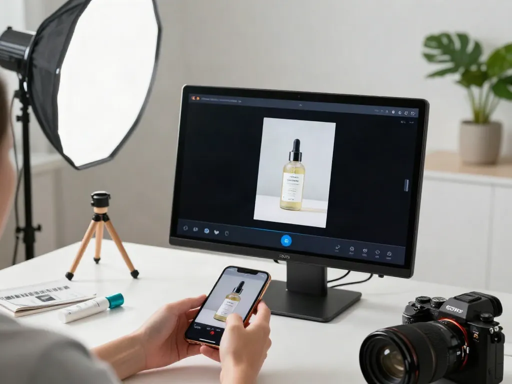Creating stunning product images using the AI product photo generator in a bright studio.