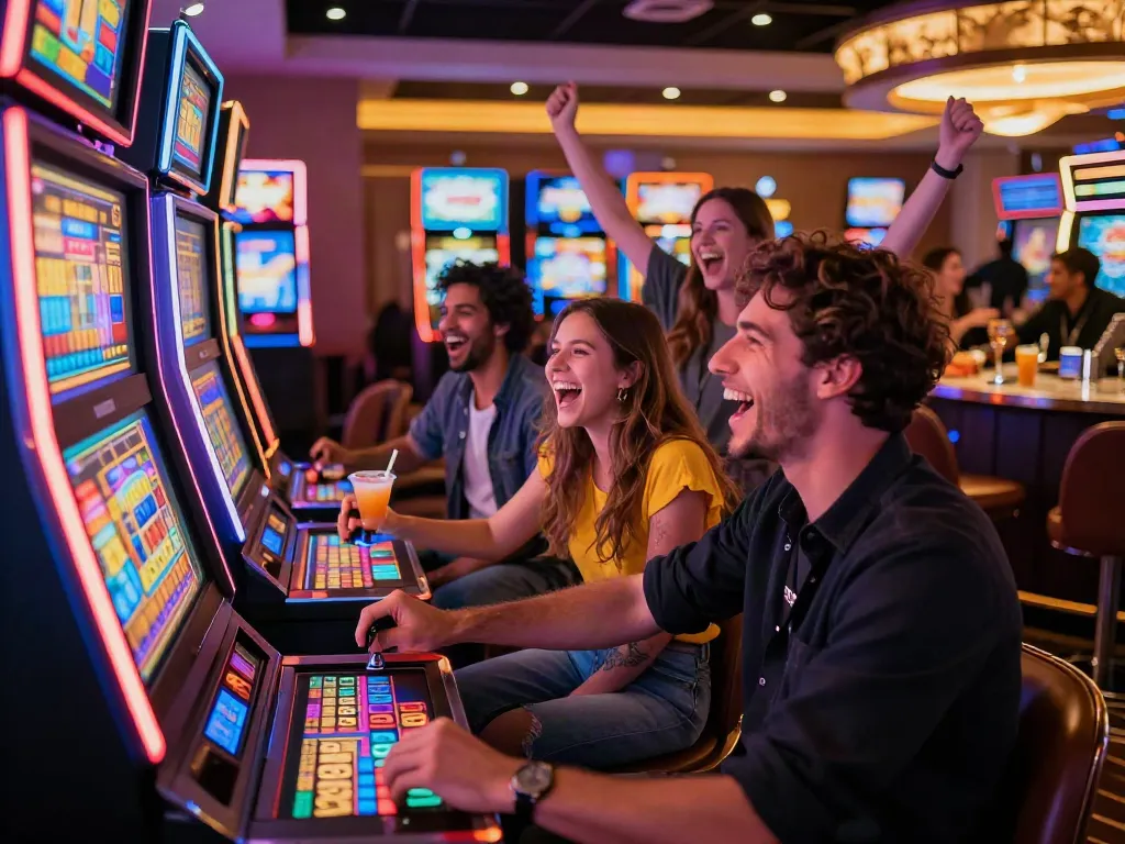 Friends enjoying a lively slot machine game in a colorful casino atmosphere with vibrant lights.