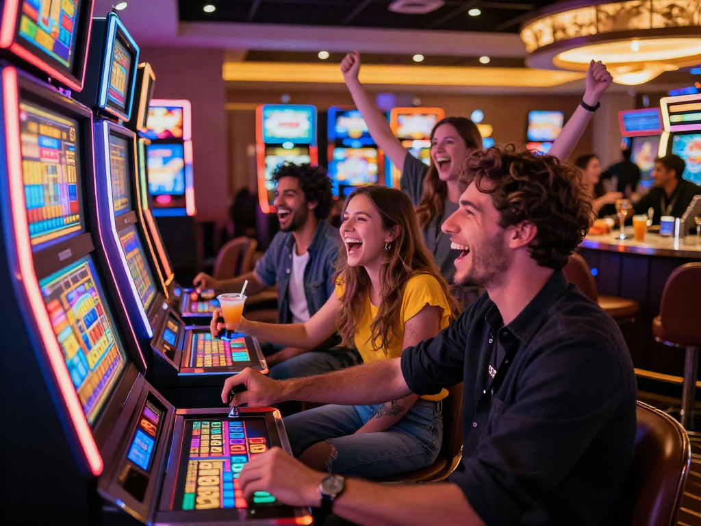 Friends enjoying a lively slot machine game in a colorful casino atmosphere with vibrant lights.
