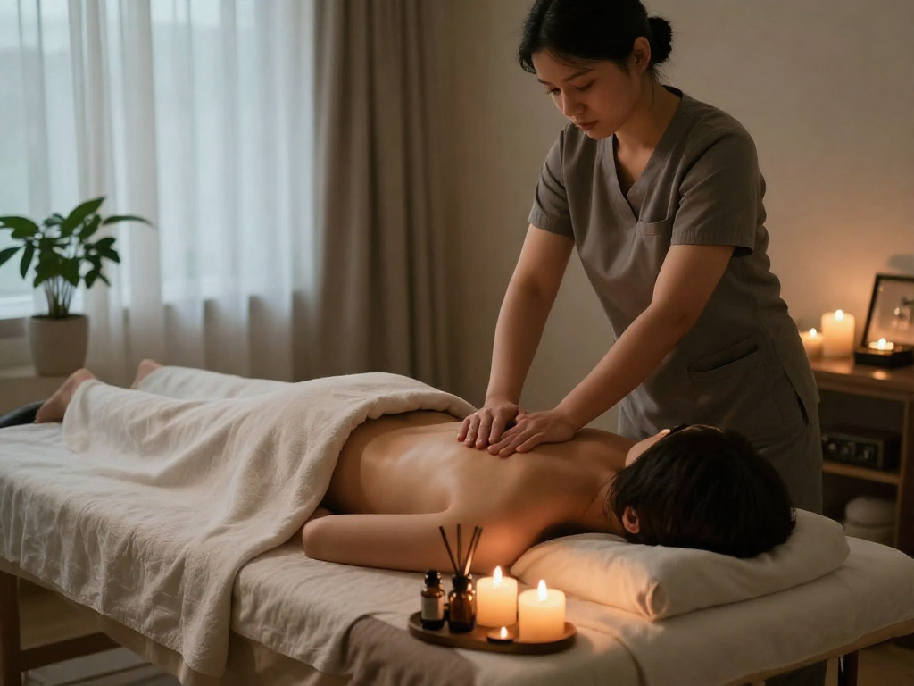 송파출장안마 relaxing massage therapy in a serene home setting with candles and calming light.