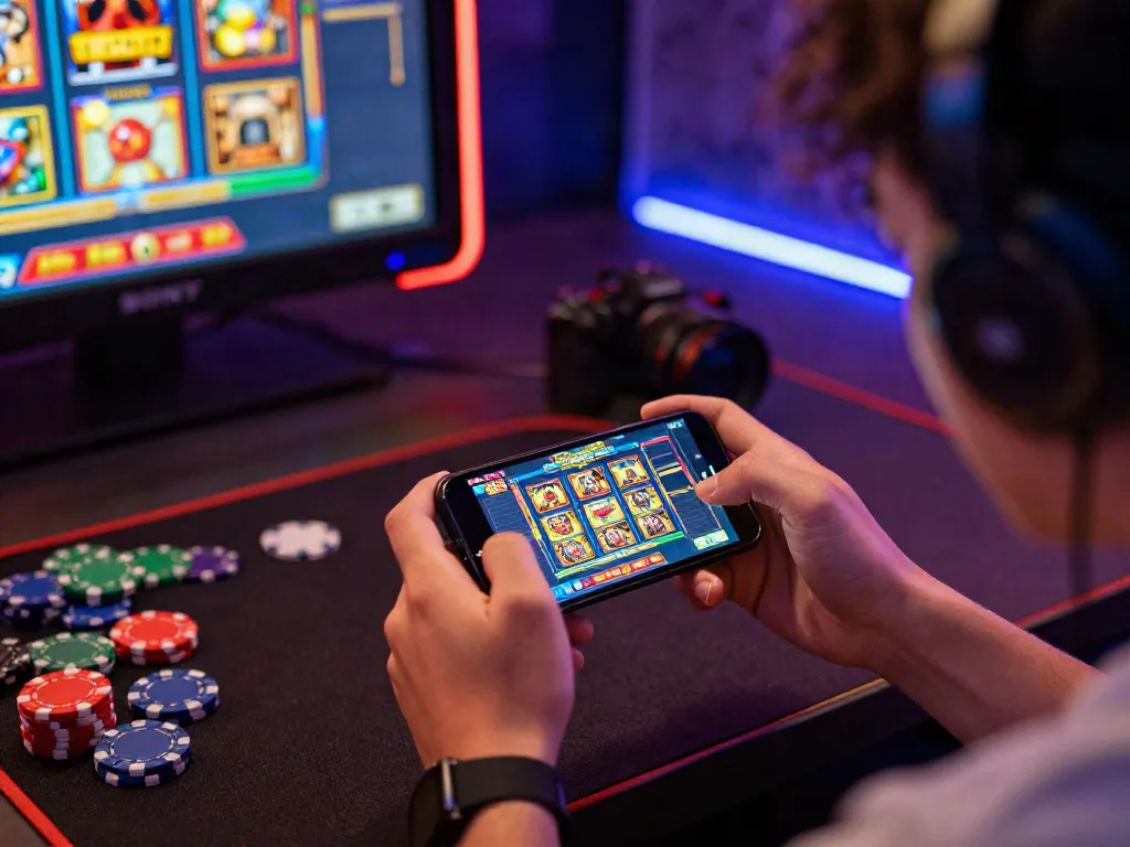 Pengguna DEWI19 bermain game slot gacor malam ini dengan penuh perhatian, dikelilingi oleh elemen permainan berwarna-warni.