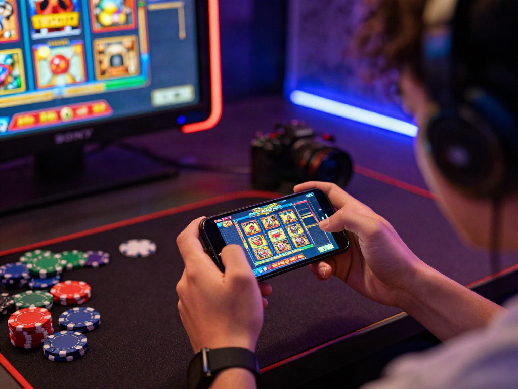 Pengguna DEWI19 bermain game slot gacor malam ini dengan penuh perhatian, dikelilingi oleh elemen permainan berwarna-warni.