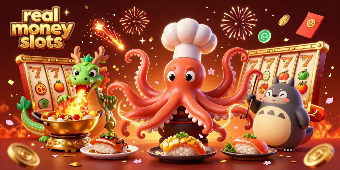 Engage in real money slots excitement with lively cartoon characters in a vibrant casino scene.