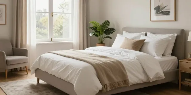 Comfortable rollaway bed made up with inviting linens in a stylish guest bedroom.
