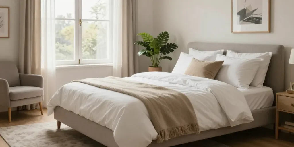 Comfortable rollaway bed made up with inviting linens in a stylish guest bedroom.