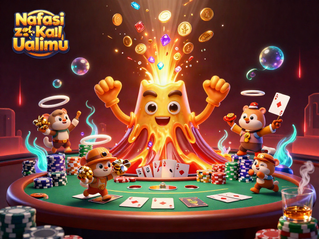 Nafasi za za KaI za Ualimu highlights vibrant casino action with a volcano of gems, poker elements, and treasure-seeking animals.