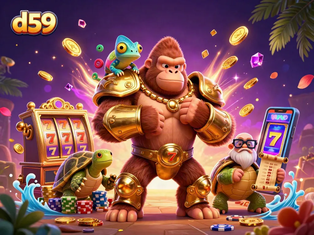 Experience thrilling gameplay at d59 with vibrant slot machines, cascading coins, and dynamic characters.