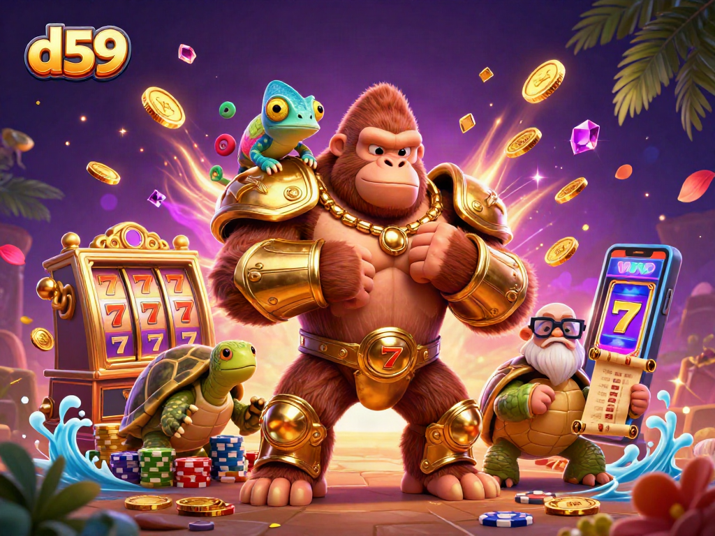Experience thrilling gameplay at d59 with vibrant slot machines, cascading coins, and dynamic characters.