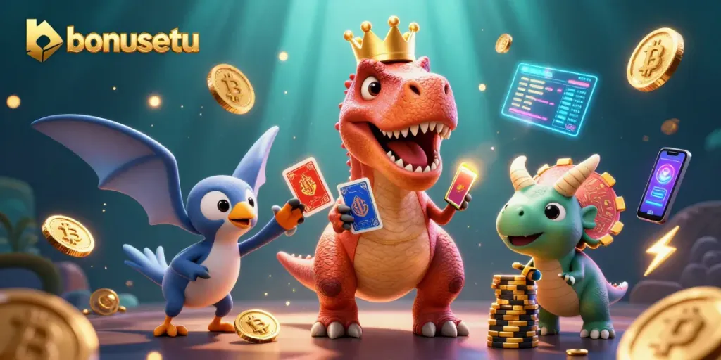 Engaging scene with bonusetu showcasing a cartoon T-Rex playing cards in a colorful crypto casino