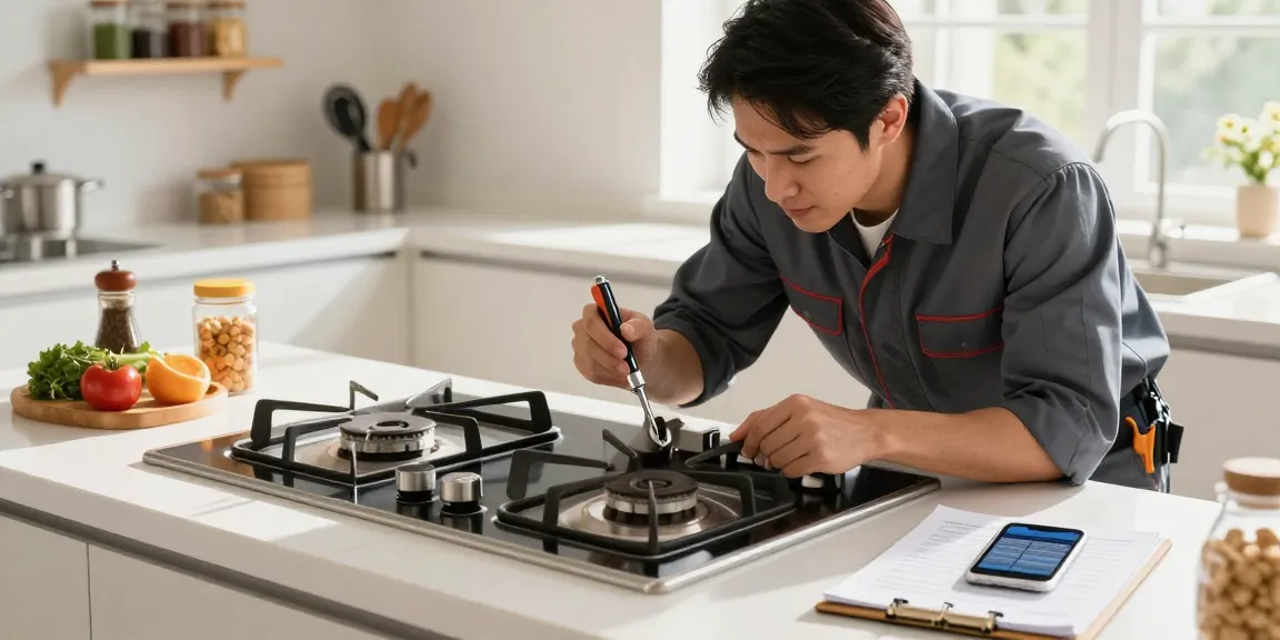Gas stove repair technician examining burners in a bright kitchen setting.