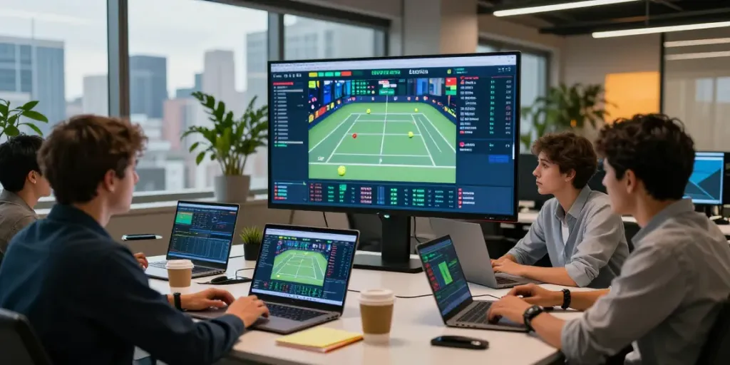 Live tennis data analysis using tennis api in a modern office setting, showcasing collaboration and technology.