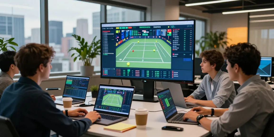 Live tennis data analysis using tennis api in a modern office setting, showcasing collaboration and technology.