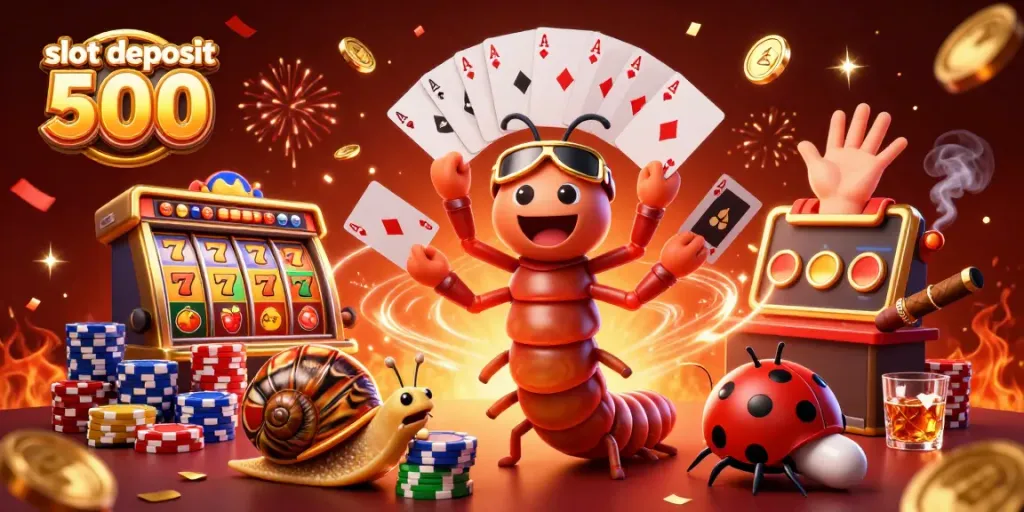 Spin your winnings with slot deposit 500 featuring a lively scene of a millipede dealer and action-packed casino elements