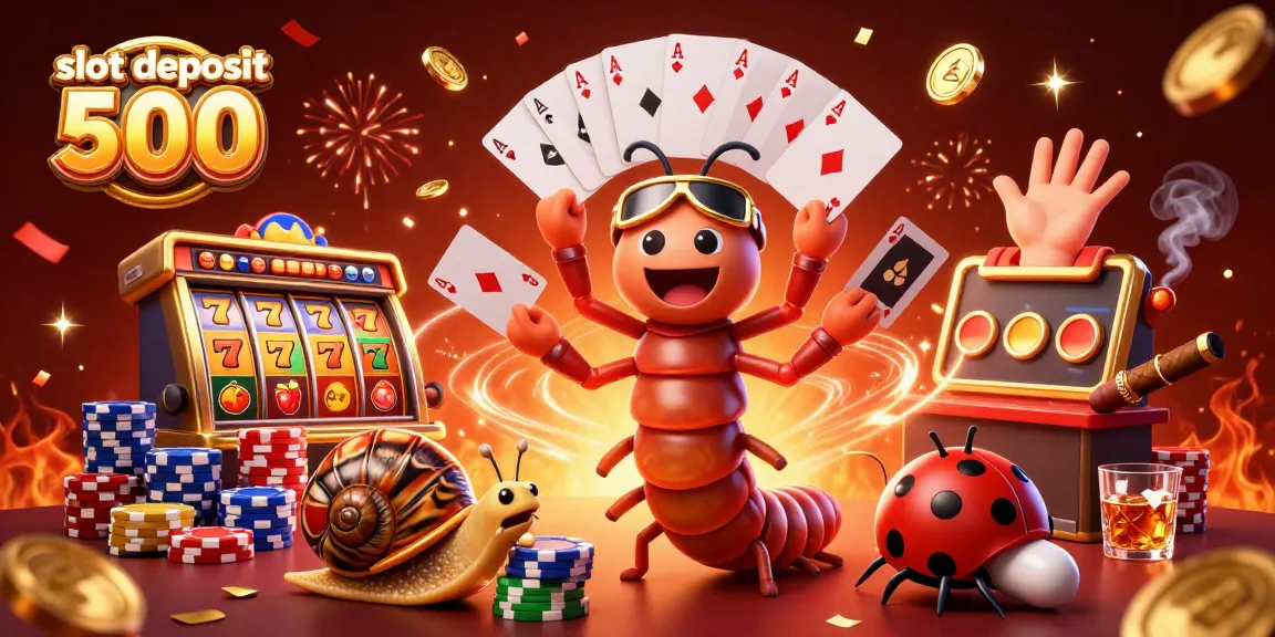 Spin your winnings with slot deposit 500 featuring a lively scene of a millipede dealer and action-packed casino elements