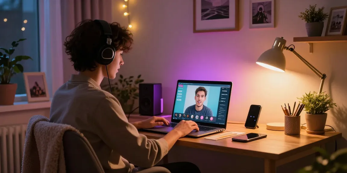 Engaging AI chat nsfw moment in a cozy home office, illuminated by colorful lighting.