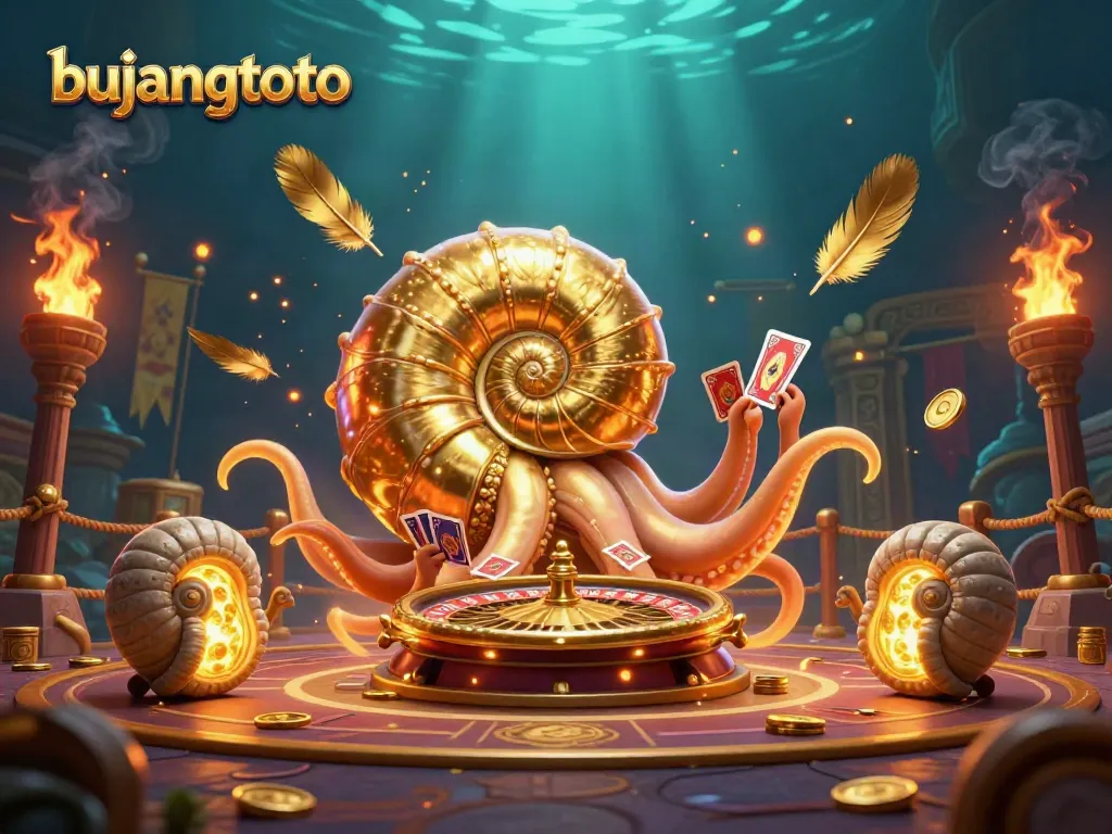 Experience the thrill of bujangtoto with a dynamic scene featuring a giant nautilus roulette, glowing ammonite companions, and vibrant casino elements.