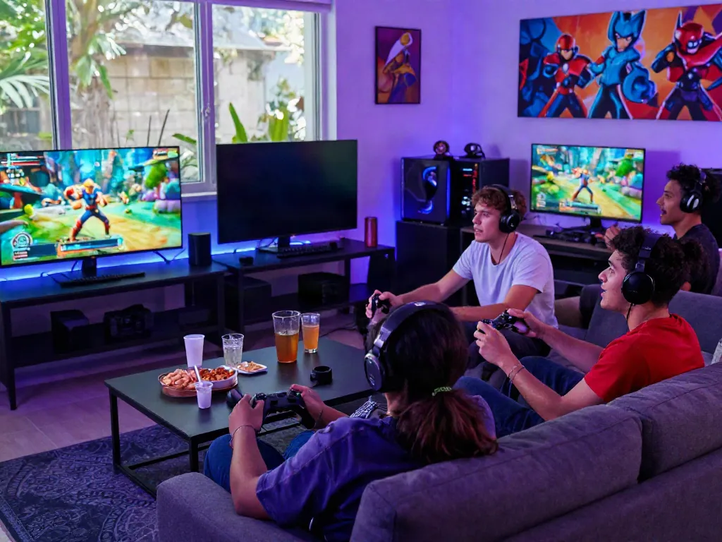 Group of friends enjoying online games at home with batman138 in a vibrant gaming setup.