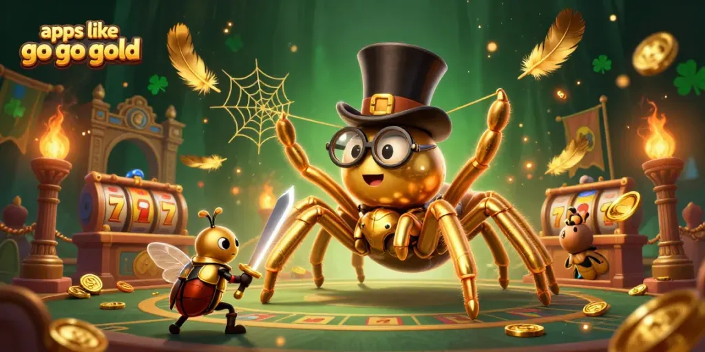 Engage with exciting gameplay in apps like go go gold, featuring a giant golden tarantula and a brave beetle knight in a rich casino setting.