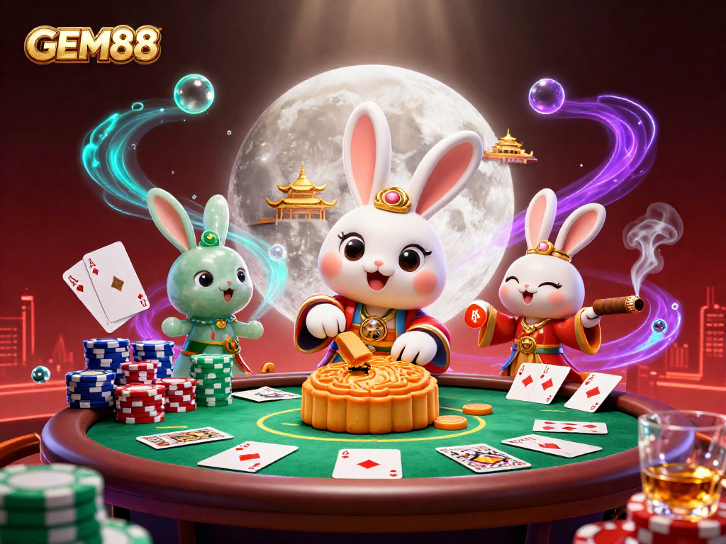 GEM88 showcases an exciting casino scene with a whimsical moon rabbit as a player among vibrant poker elements.