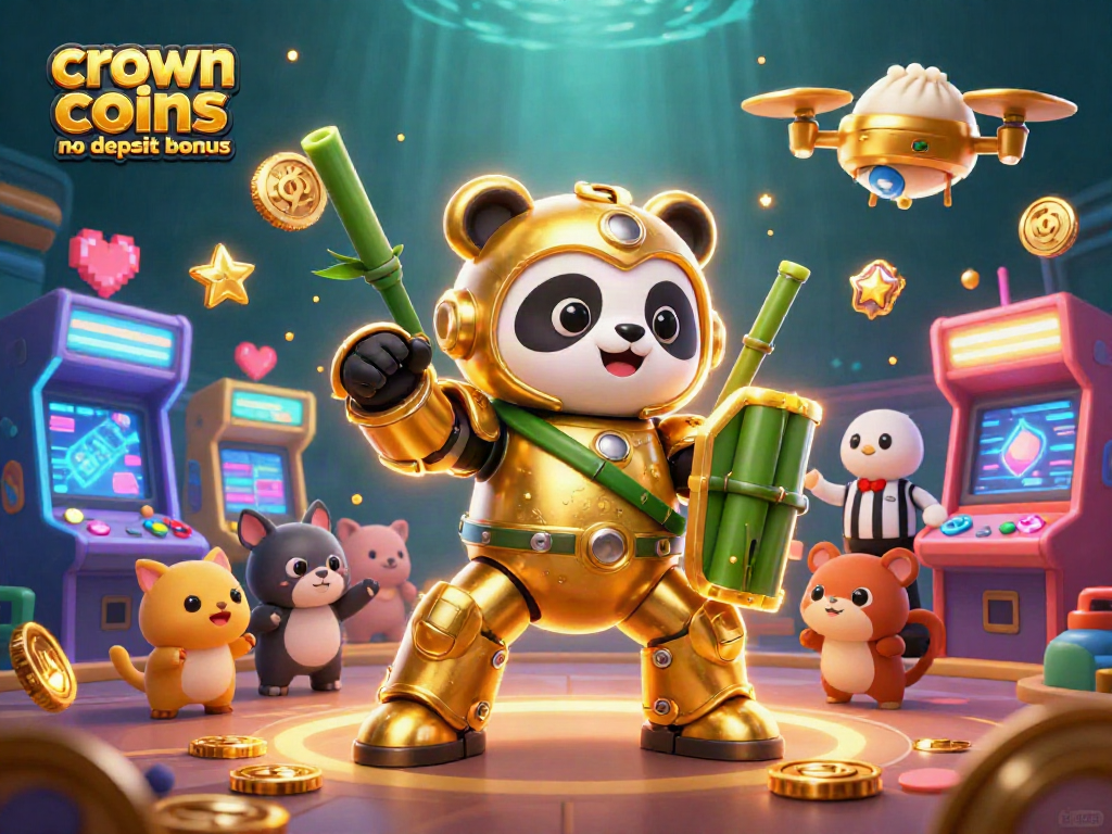 Crown coins casino no deposit bonus offers vibrant gameplay excitement with a panda mech-suit in action.