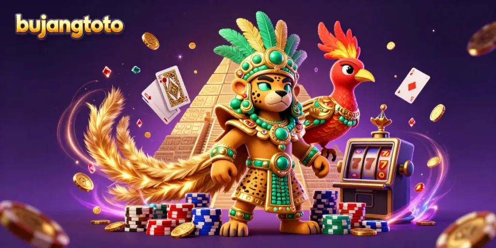 Engage with bujangtoto's vibrant gaming scene showcasing a Mayan jaguar priest with gold accents.