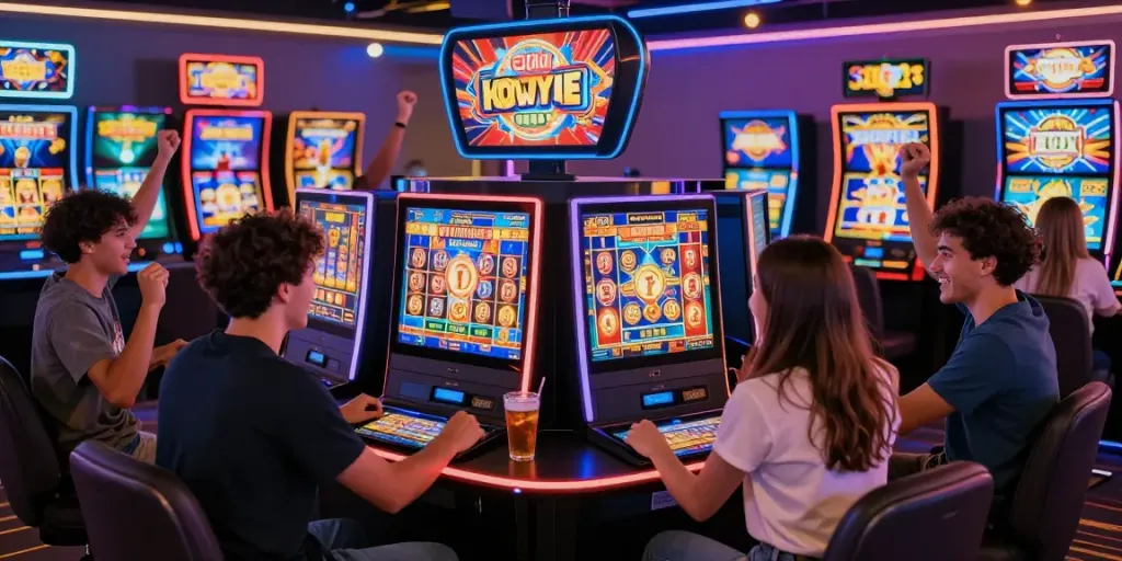 Permainan slot777 yang mengasyikkan dengan teman-teman di kasino online, suasana meriah dan penuh kegembiraan.