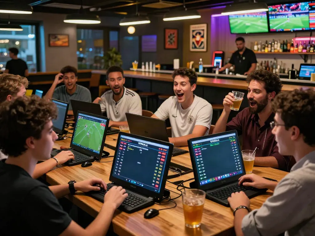 Enthusiastic fans at a sports bar enjoying WWBOLA live soccer betting.