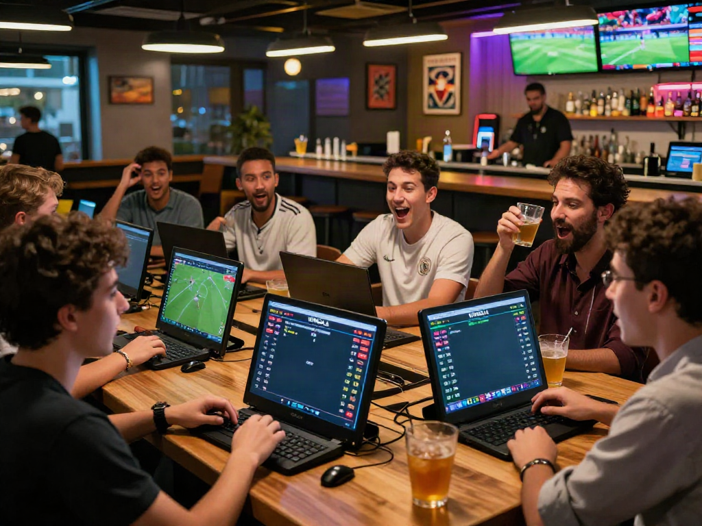Enthusiastic fans at a sports bar enjoying WWBOLA live soccer betting.