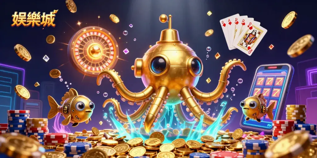 在娛樂城中,金色章魚潛艇掙扎著掙脫金幣的海洋,展示著各種遊戲元素。
