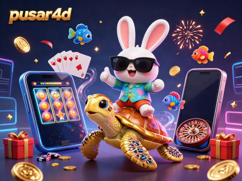 Experience pusar4d with a cartoon lucky rabbit and a golden turtle in an exciting casino scene.