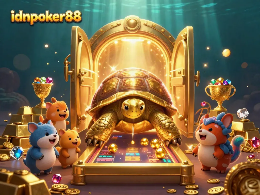 Engaging action at idnpoker88 with golden tortoise, treasure elements, and lively casino atmosphere.
