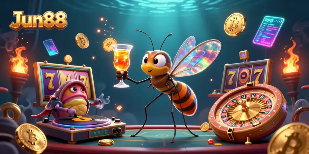 Experience winning excitement with Jun88's vibrant casino scene featuring unique characters and slot visuals.