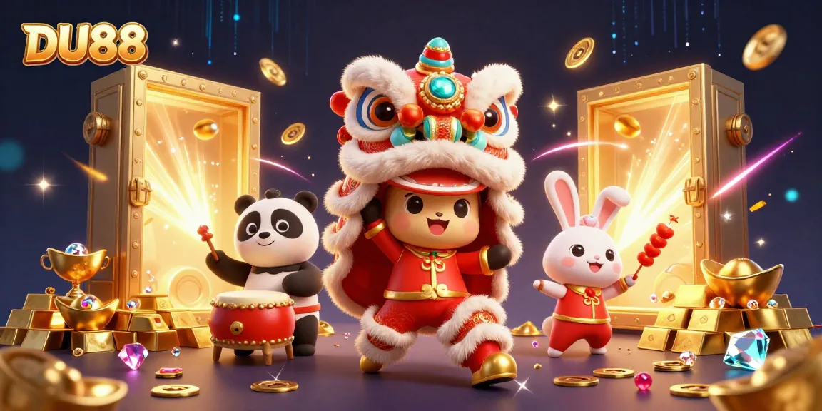 Engage with DU88's thrilling lion dance scene surrounded by gold treasures and vibrant atmosphere.
