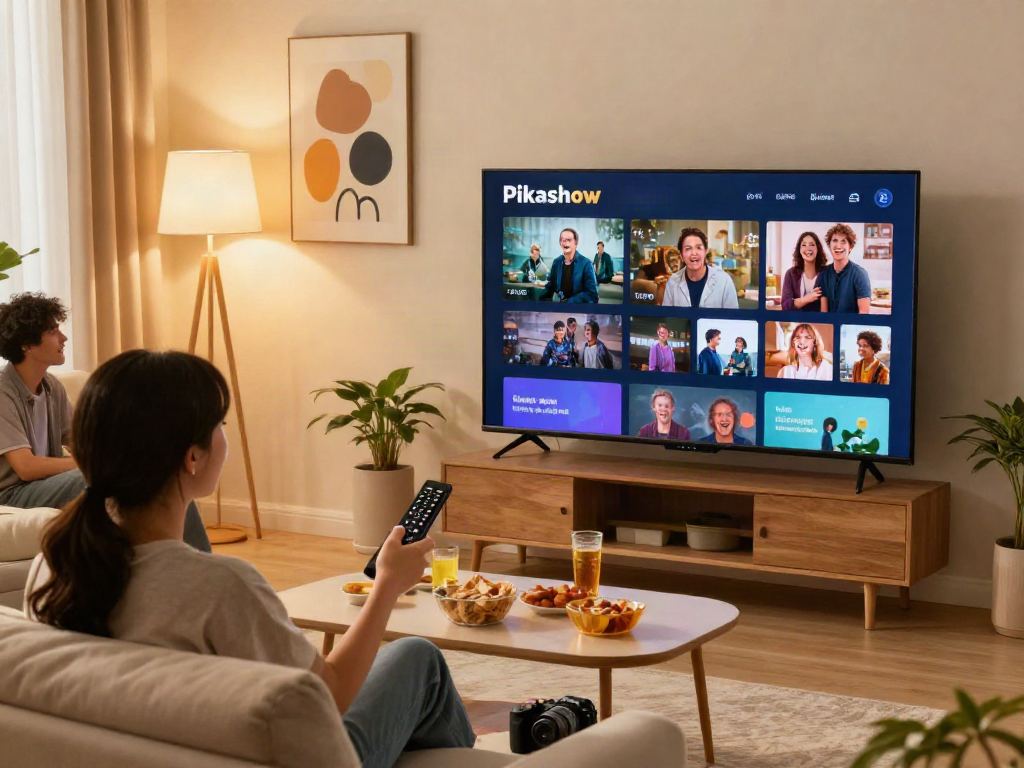 Enjoying Pikashow in a cozy living room with friends and snacks.