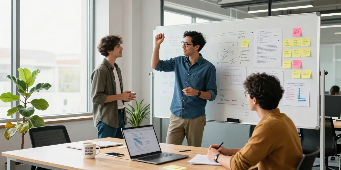 Entrepreneur conducting idea validation session in a vibrant startup office.
