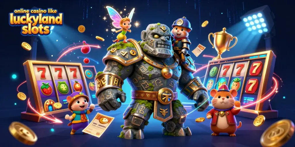 Spin and win at online casino like LuckyLand Slots with vibrant illustrations of magical gameplay.