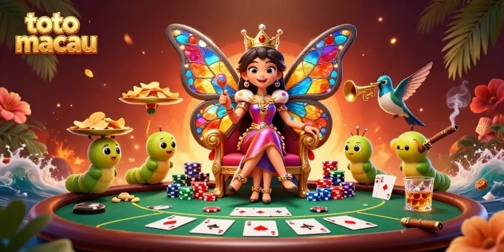 Mendapatkan hasil toto macau yang terbaru dengan ilustrasi ratu kupu-kupu 3D yang menawan di atas tahta bunga.